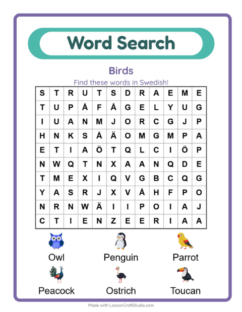 Preview of Learn Swedish: Birds – Word Search for Kids