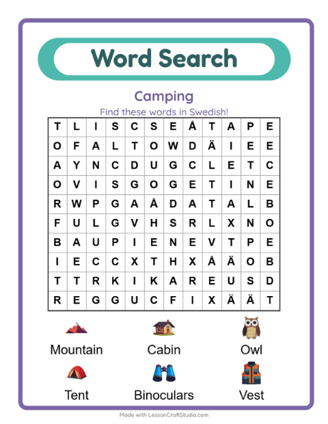 Picture word search – Camping Gear