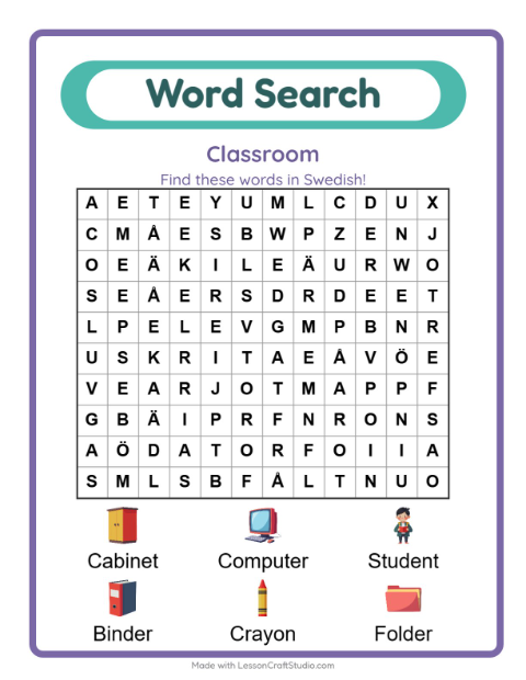 Picture word search – Classroom Objects