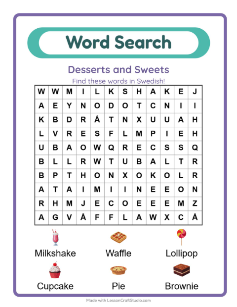 Picture word search – Desserts and Sweets
