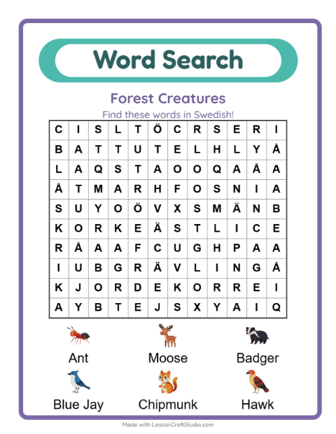 Picture word search – Forest Creatures