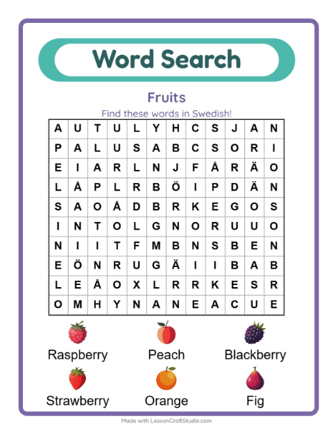 Preview of Learn Swedish: Fruits – Word Search for Kids