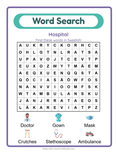 Picture word search – Hospital Things