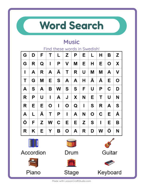 Picture word search – Musical Instruments