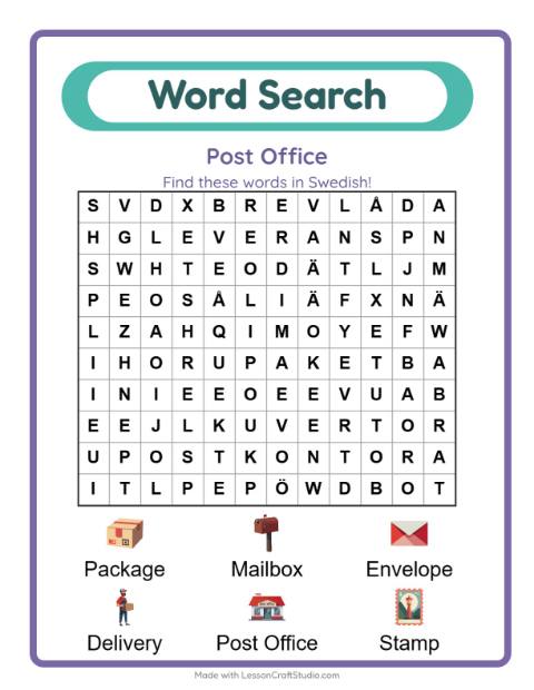 Preview of Learn Swedish: Post Office – Word Search for Kids