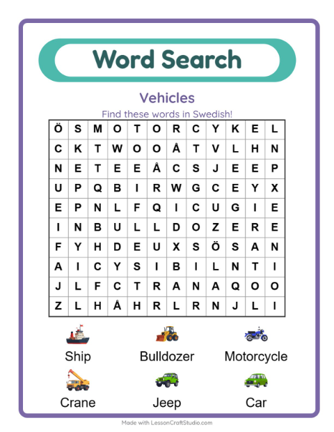 Preview of Learn Swedish: Vehicles – Word Search for Kids