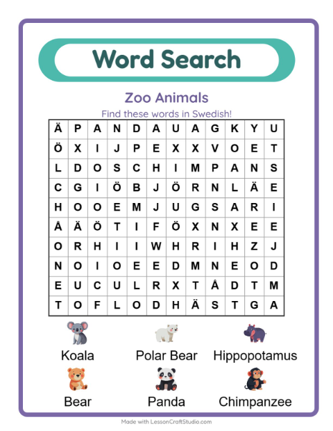 Picture word search – Zoo Animals