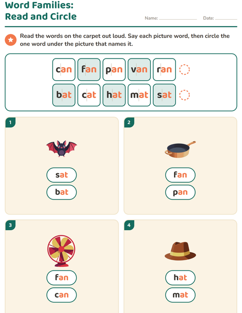 Preview of Word Families worksheet for grade 1