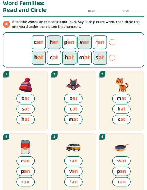 Word Families: Read the Words and Circle the One That Names the Picture