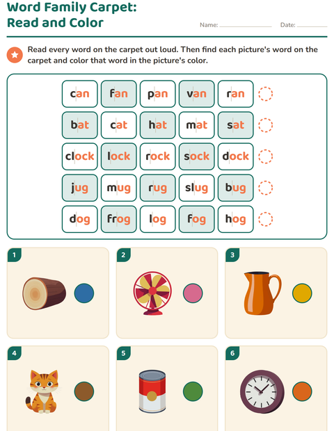 Word Family Carpet: Read Five Rows, Then Color Each Picture's Word