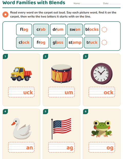 Word Families with Blends: Write the Two Letters the Word Starts With