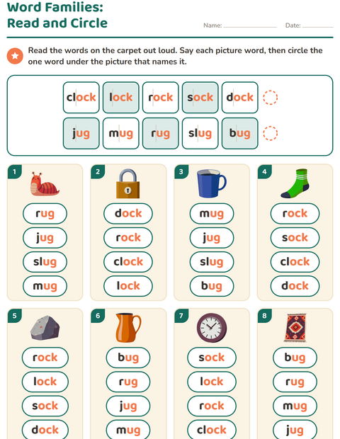Preview of Word Families worksheet for grade 1