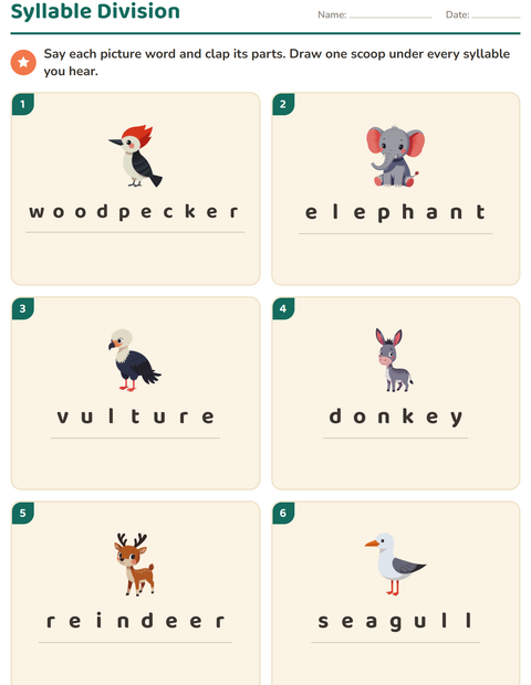 Syllable Division with Animals: Draw a Scoop Under Every Syllable