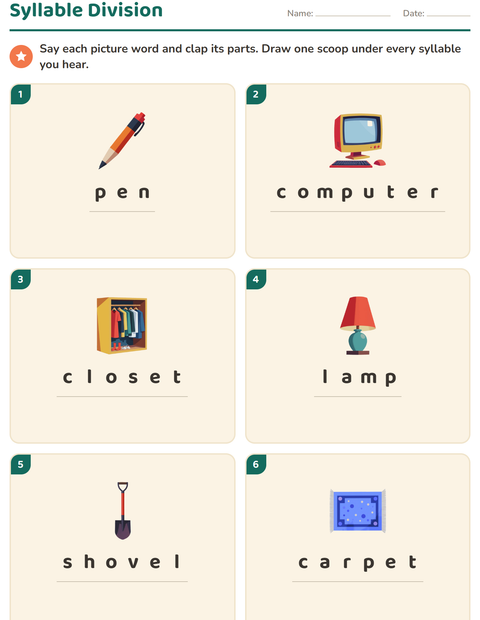 Preview of Syllable Division worksheet featuring Around the House for grade 1