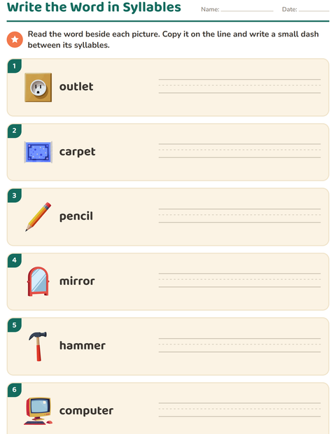 Preview of Syllable Division worksheet featuring Around the House for grade 1