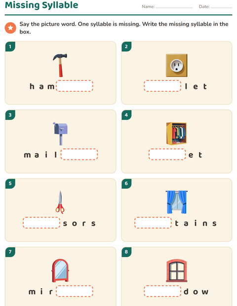 Preview of Missing Syllable: Say the Picture, Write the Part That Is Gone