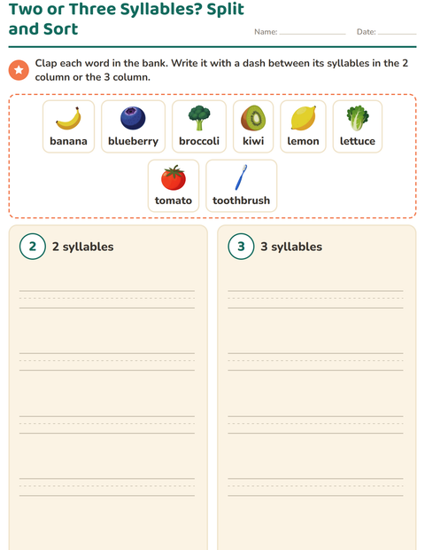 Preview of Syllable Division worksheet featuring At the Supermarket for grade 1