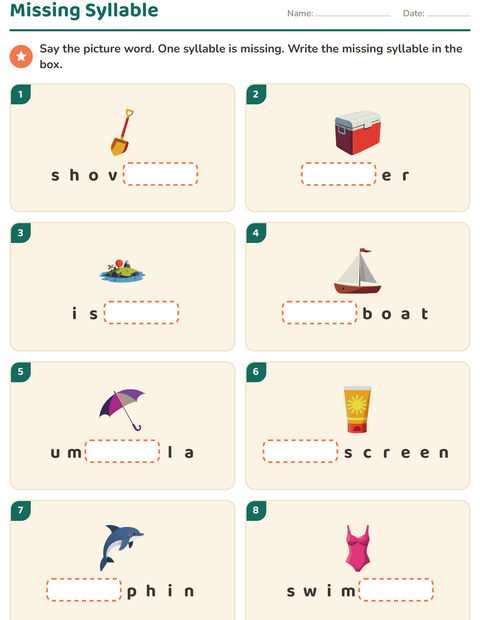 Preview of Syllable Division worksheet featuring Beach for grade 1