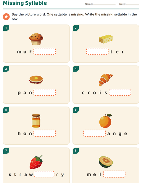 Preview of Syllable Division worksheet featuring Breakfast for grade 1