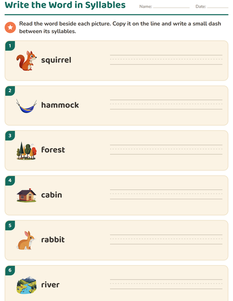 Preview of Syllable Division worksheet featuring Camping for grade 1