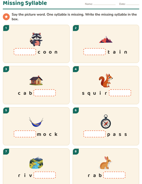 Preview of Syllable Division worksheet featuring Camping for grade 1