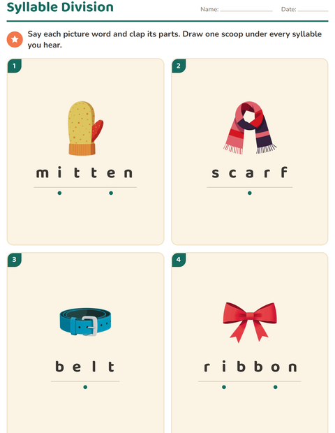 Preview of Syllable Division worksheet featuring Accessories for grade 1