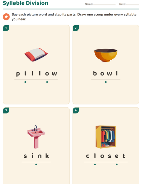 Preview of Syllable Division worksheet featuring Around the House for grade 1