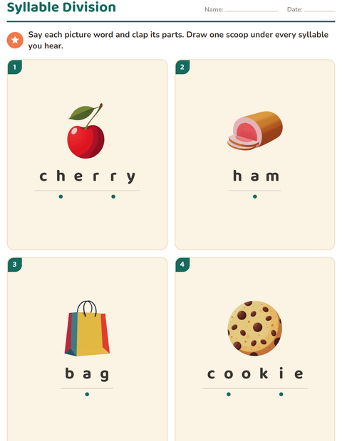 Preview of Syllable Division worksheet featuring At the Supermarket for grade 1