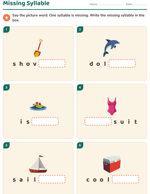 Preview of Syllable Division worksheet featuring Beach for grade 1