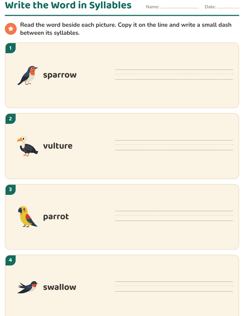 Preview of Syllable Division worksheet featuring Birds 2 for grade 1