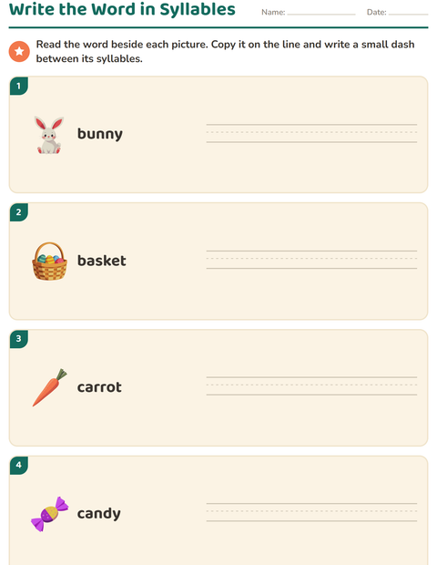 Preview of Syllable Division worksheet featuring Easter for grade 1
