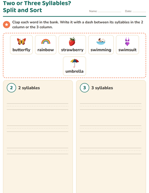 Preview of Syllable Division worksheet featuring Summer for grade 1
