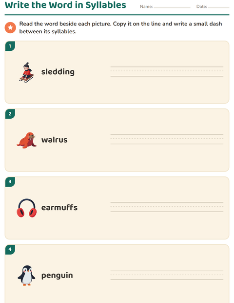 Preview of Syllable Division worksheet featuring Winter for grade 1
