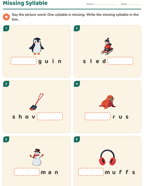 Preview of Syllable Division worksheet featuring Winter for grade 1
