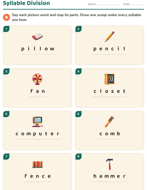 Preview of Syllable Division worksheet featuring Around the House for grade 1