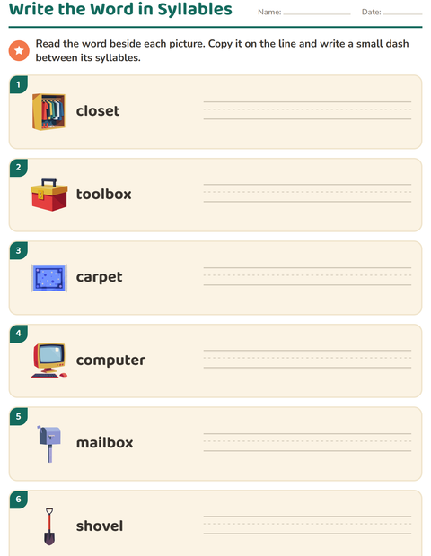 Preview of Syllable Division worksheet featuring Around the House for grade 1
