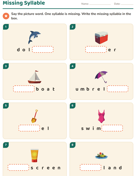 Preview of Syllable Division worksheet featuring Beach for grade 1