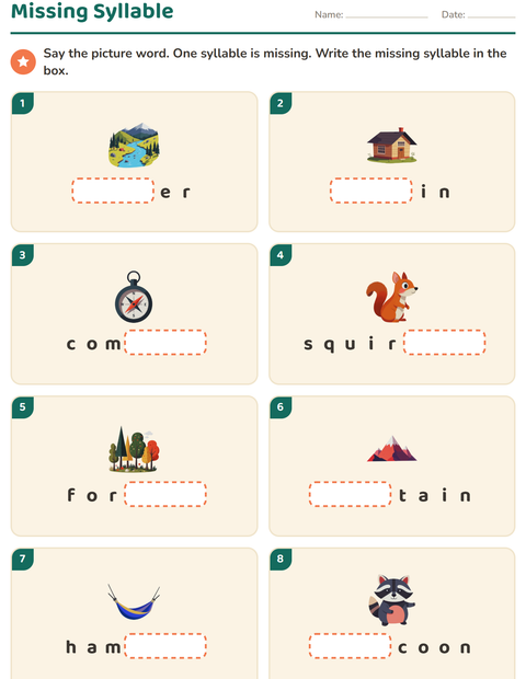 Preview of Syllable Division worksheet featuring Camping for grade 1