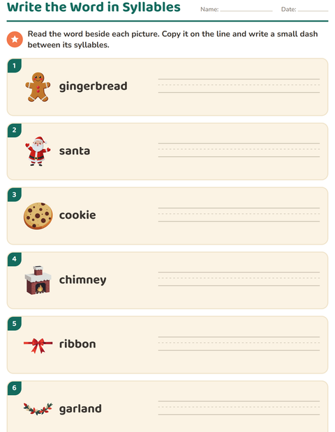 Preview of Syllable Division worksheet featuring Christmas for grade 1