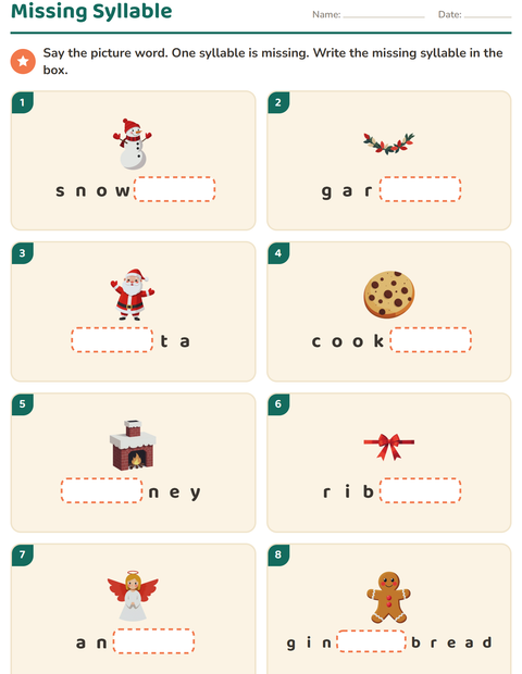 Preview of Syllable Division worksheet featuring Christmas for grade 1
