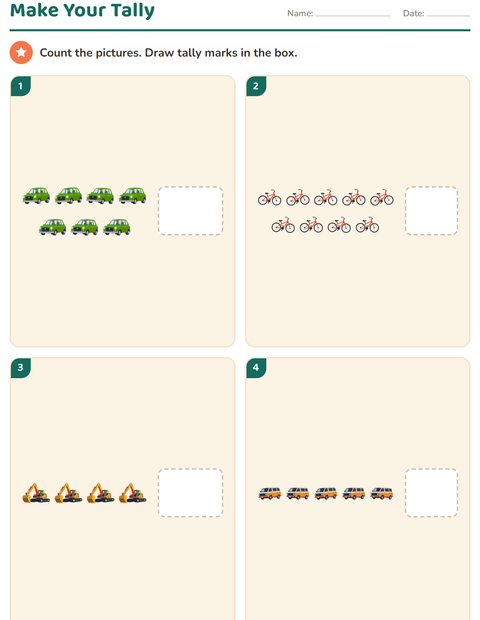 Preview of Tally Marks worksheet featuring Vehicles for kindergarten