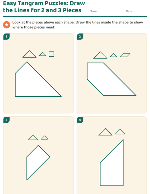 Easy Tangram Puzzles: Draw the Lines for 2 and 3 Pieces