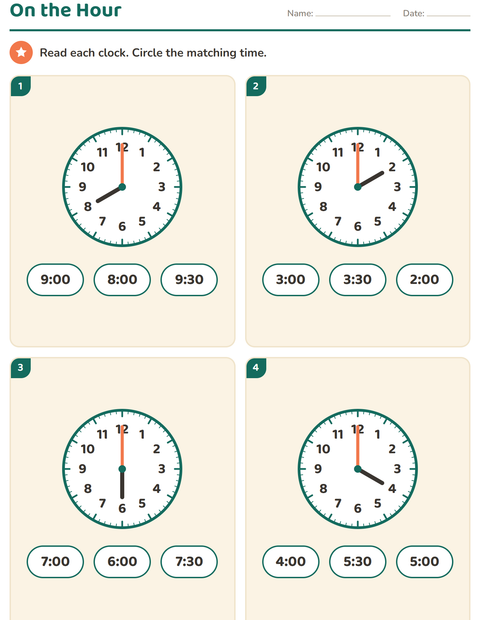 Grade 1 Telling Time Worksheets: Read the Clock to the Hour and Half Hour — 2