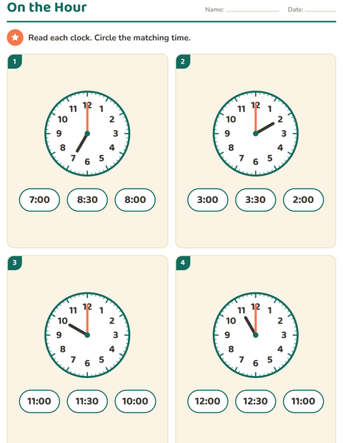 Grade 1 Telling Time Worksheets: Read the Clock to the Hour and Half Hour — 4