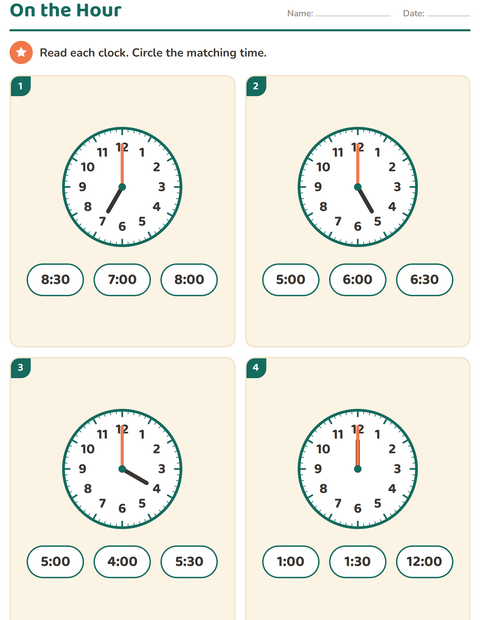 Grade 1 Telling Time Worksheets: Read the Clock to the Hour and Half Hour — 5
