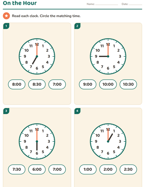 Preview of Grade 1 Telling Time Worksheets: Read the Clock to the Hour and Half Hour