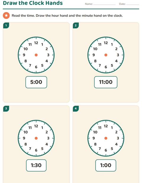 Draw the Clock Hands to Show the Time