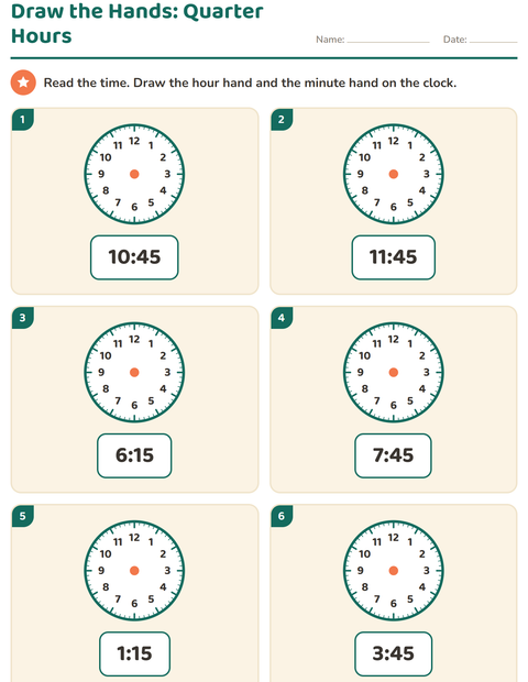 Draw the Clock Hands: Quarter Past and Quarter To