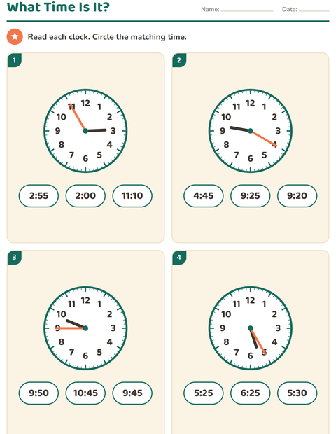 Grade 2 Telling Time Worksheets: Read the Clock to Five Minutes and Quarter Hours — 2