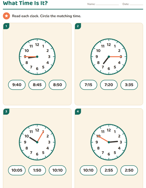 Grade 2 Telling Time Worksheets: Read the Clock to Five Minutes and Quarter Hours — 4